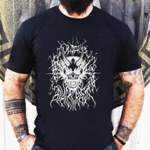 Edgy occult design with sinister mask artwork t-shirt