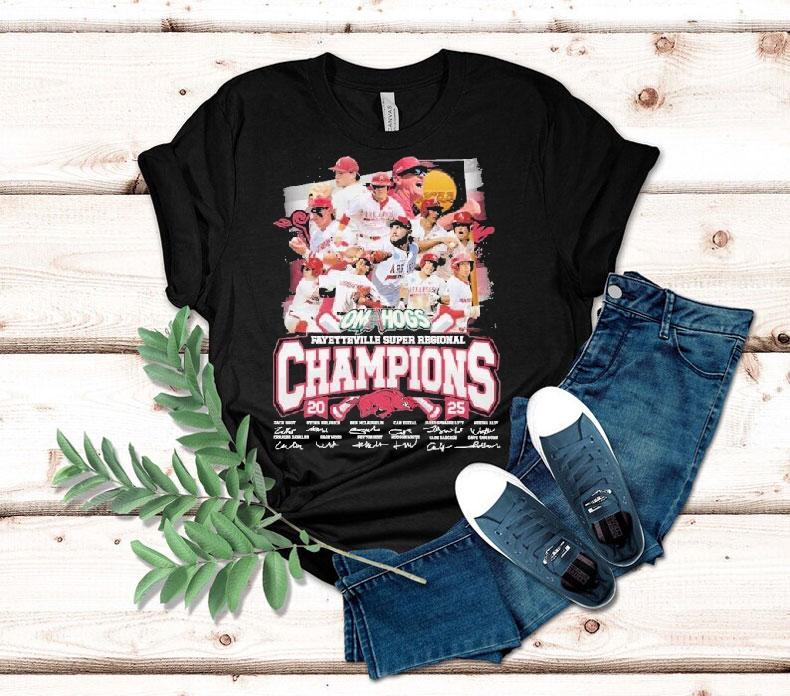 Arkansas Razorbacks Fayetteville Super Regional Champions 2025 Signatures Shirt Arkansas Razorbacks Fayetteville Super Regional Champions 2025 Signatures Shirt