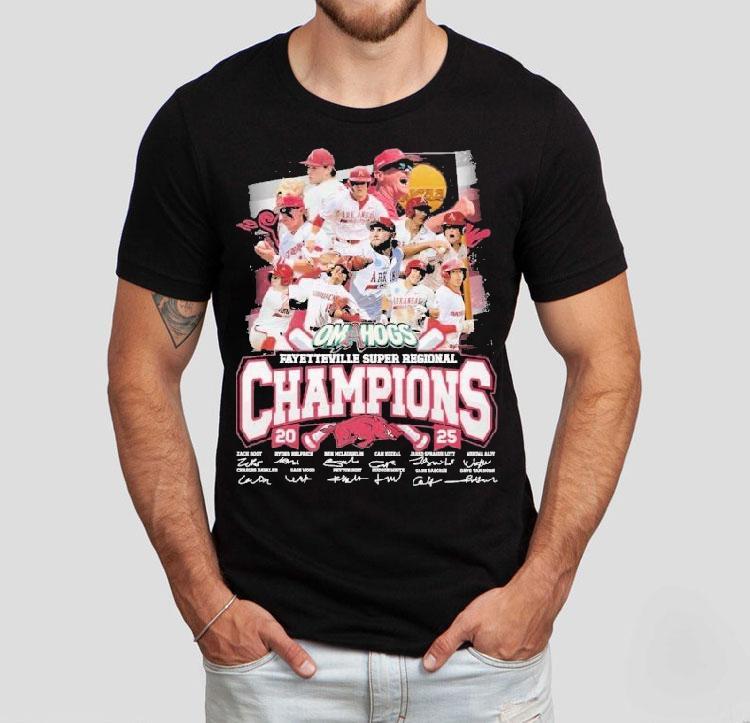 Arkansas Razorbacks Fayetteville Super Regional Champions 2025 Signatures Shirt Arkansas Razorbacks Fayetteville Super Regional Champions 2025 Signatures Shirt