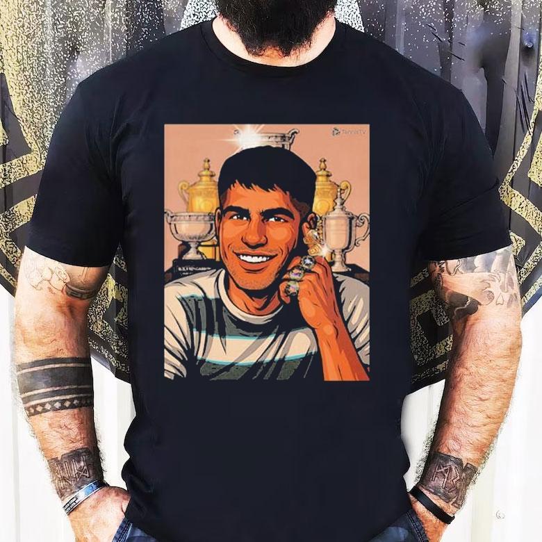 Carlos Alcaraz Wins 5 Slam Finals 5 Slam Titles Roland Garros Champion 2025 Trophy Shirt Carlos Alcaraz Wins 5 Slam Finals 5 Slam Titles Roland Garros Champion 2025 Trophy Shirt