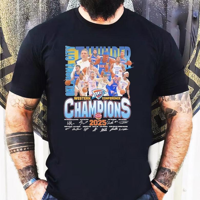 Oklahoma City Thunder Nba Western Conference Champions 2025 Signatures Shirt Oklahoma City Thunder Nba Western Conference Champions 2025 Signatures Shirt