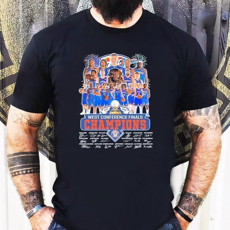 Oklahoma City Thunder West Conference Finals Champions 2025 Signatures Shirt Oklahoma City Thunder West Conference Finals Champions 2025 Signatures Shirt