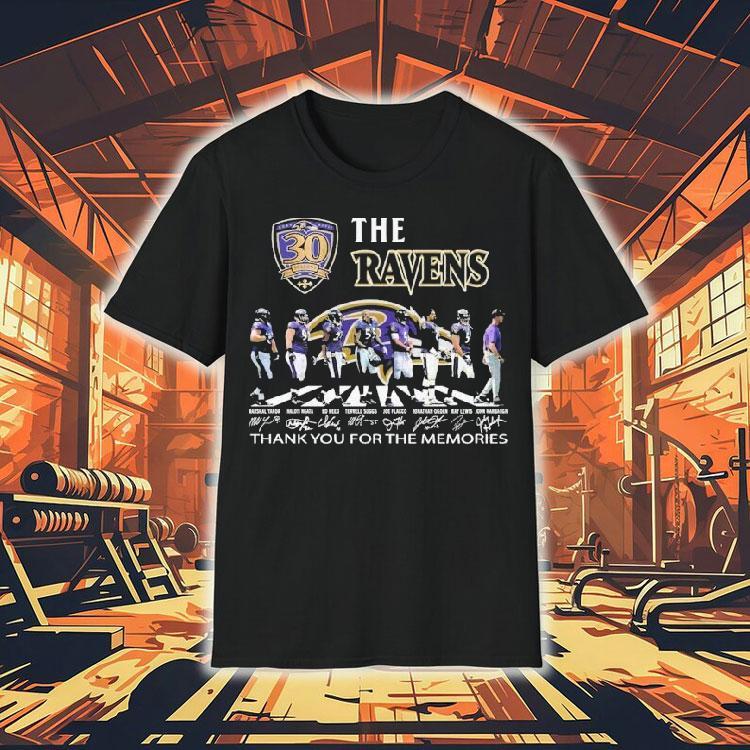 The Baltimore Ravens 30th Seasons 1996-2025 Thank You For The Memories Road Abbey Signatures Shirt The Baltimore Ravens 30th Seasons 1996-2025 Thank You For The Memories Road Abbey Signatures Shirt