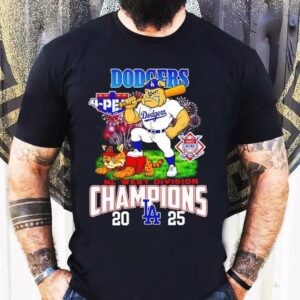 Los Angeles Dodgers 2025 Nl West Division Champions Mascots Bulldog And A Cat Shirt