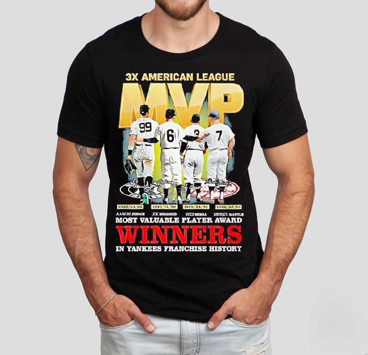 Aaron Judge Joe Dimaggio Yogi Berra Mickey Mantle New York Yankees X American League Winner Tshirt