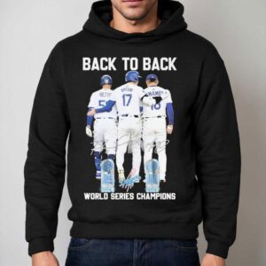 Mookie Betts Shohei Ohtani And Yoshinobu Yamamoto Los Angeles Dodgers Back To Back Champions World Series Trophy Signatures Hoodie