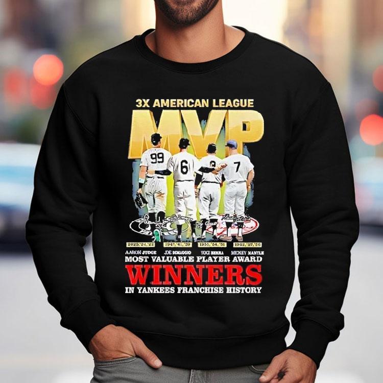 Aaron Judge Joe Dimaggio Yogi Berra Mickey Mantle New York Yankees 3x American League Winner Shirt Aaron Judge Joe Dimaggio Yogi Berra Mickey Mantle New York Yankees 3x American League Winner Shirt