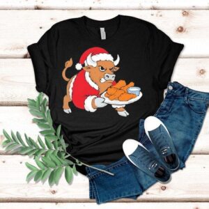 Buffalo Wearing Santa Suit Holding Fried Chicken Merry Christmas Shirt