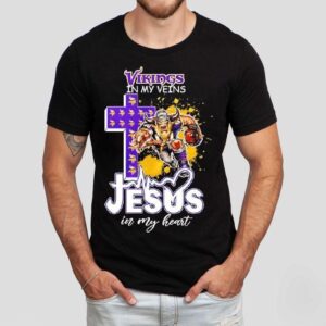 Minnesota Vikings In My Veins Jesus In My Heart Features A Football Player Logos Cross Shirt