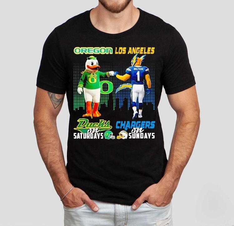 Oregon Ducks On Saturdays Vs Los Angeles Chargers On Sundays Gameday Mascot Shirt 4 Oregon Ducks On Saturdays Vs Los Angeles Chargers On Sundays Gameday Masco Tshirt