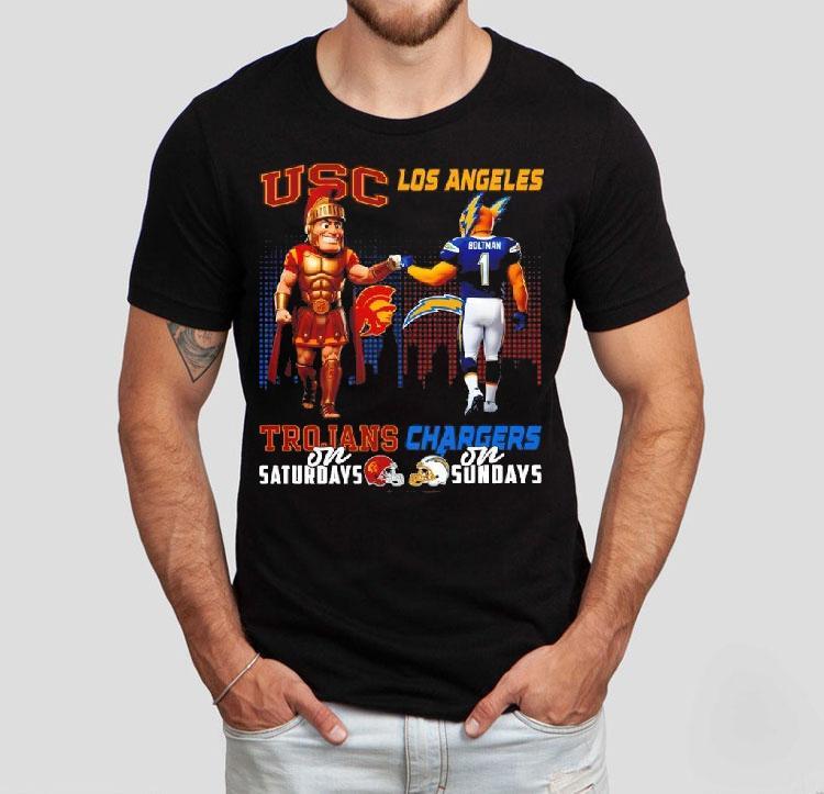 Usc Trojans On Saturdays X Los Angeles Chargers On Sundays Mascot Shirt 4 Usc Trojans On Saturdays X Los Angeles Chargers On Sundays Masco Tshirt