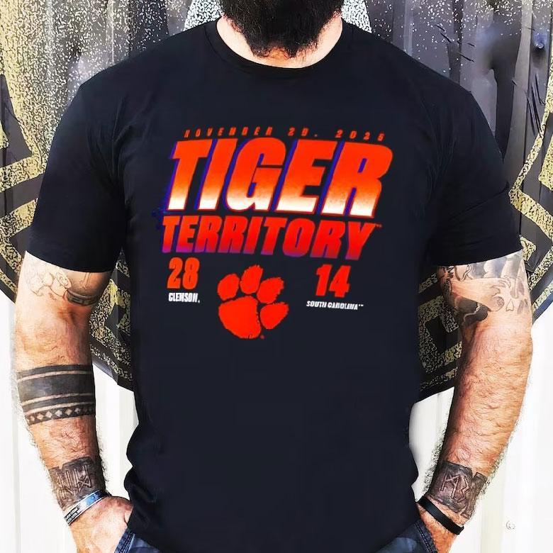 Charcoal Clemson Tigers Vs. South Carolina Gamecocks 2025 Score Shirt Charcoal Clemson Tigers Vs. South Carolina Gamecocks 2025 Score Shirt
