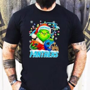 Grinch Holding Football And Helmet Carolina Panthers Merry Christmas Shirt