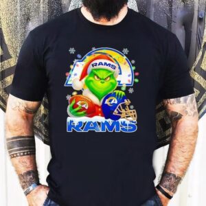 Grinch Holding Football And Helmet Los Angeles Rams Merry Christmas Shirt