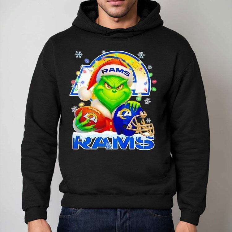 Grinch Holding Football And Helmet Los Angeles Rams Merry Christmas Shirt Grinch Holding Football And Helmet Los Angeles Rams Merry Christmas Shirt
