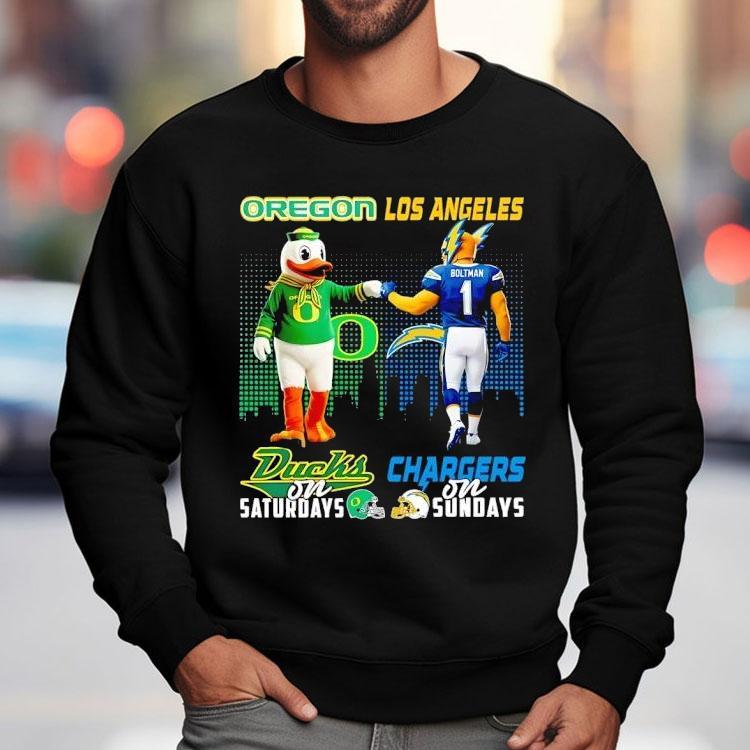 Oregon Ducks On Saturdays Vs Los Angeles Chargers On Sundays Gameday Mascot Shirt Oregon Ducks On Saturdays Vs Los Angeles Chargers On Sundays Gameday Mascot Shirt